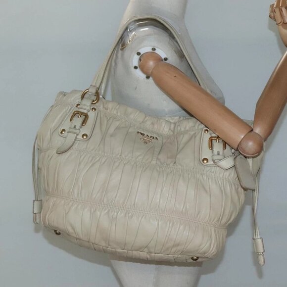 PRADA Gathered Tote Bag Leather Beige Gold Auth - Picture 1 of 15